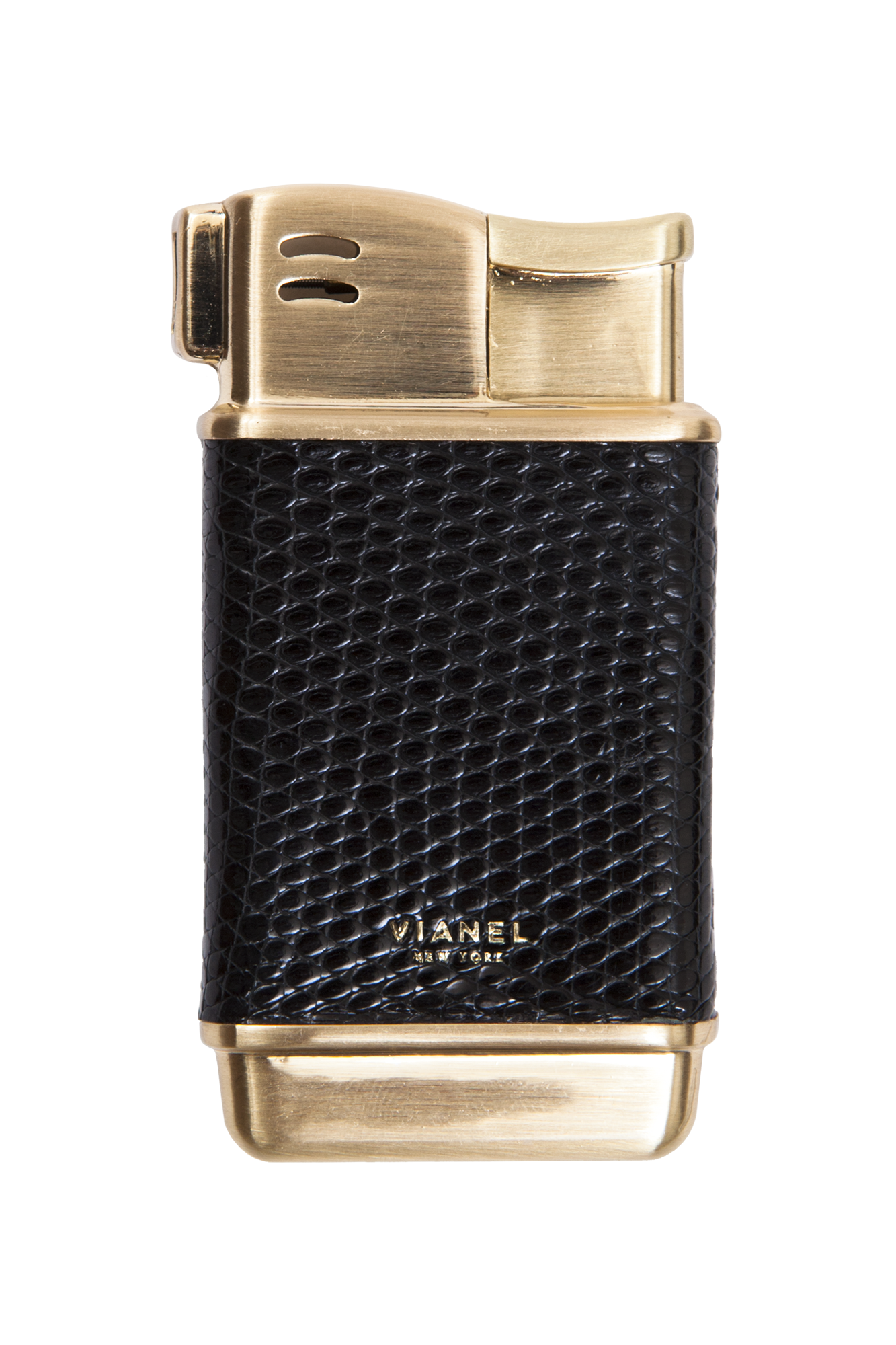 Rogue Paq x Vianel refillable butane lighter in chic black. This forever lighter features a gold-tone finish and high-quality skin, bringing an understated and chic aesthetic to the cannabis ritual.