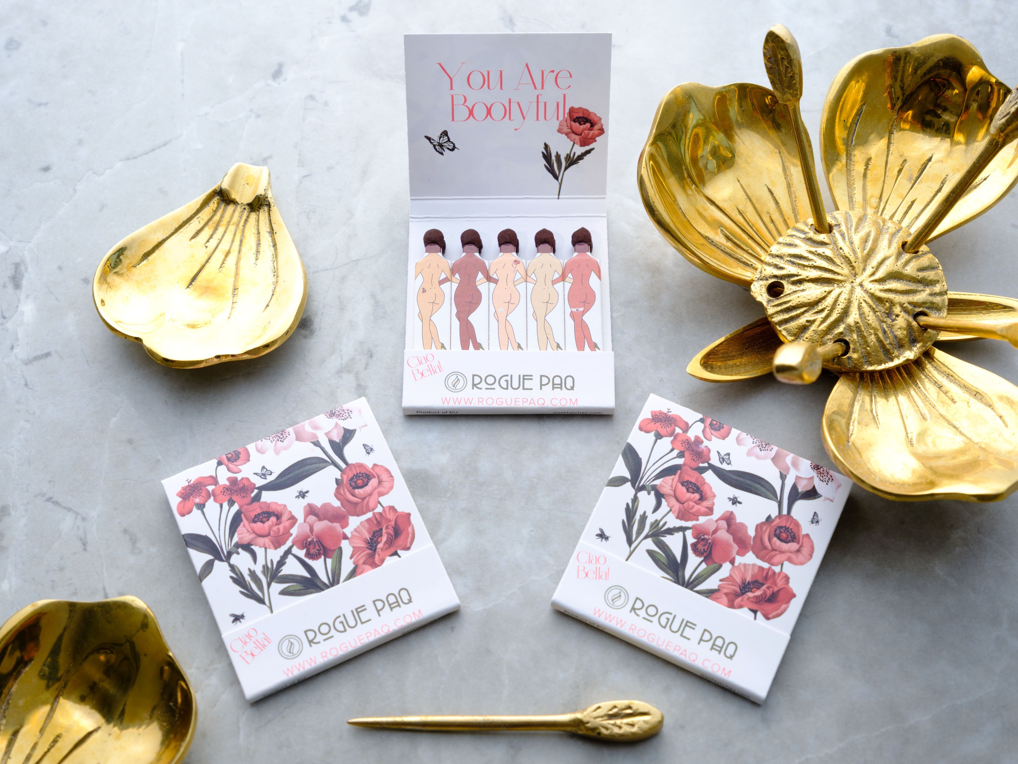 Poppy in polished brass with luxury novelty matches featuring a matchbook with Poppy Flowers
