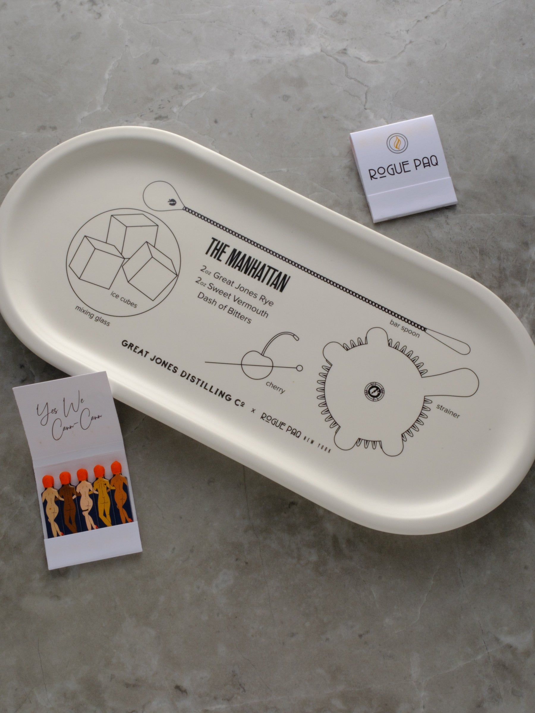 Beautiful porcelain valet tray created to display how to make a perfect Manhattan cocktail. Styled with matches.