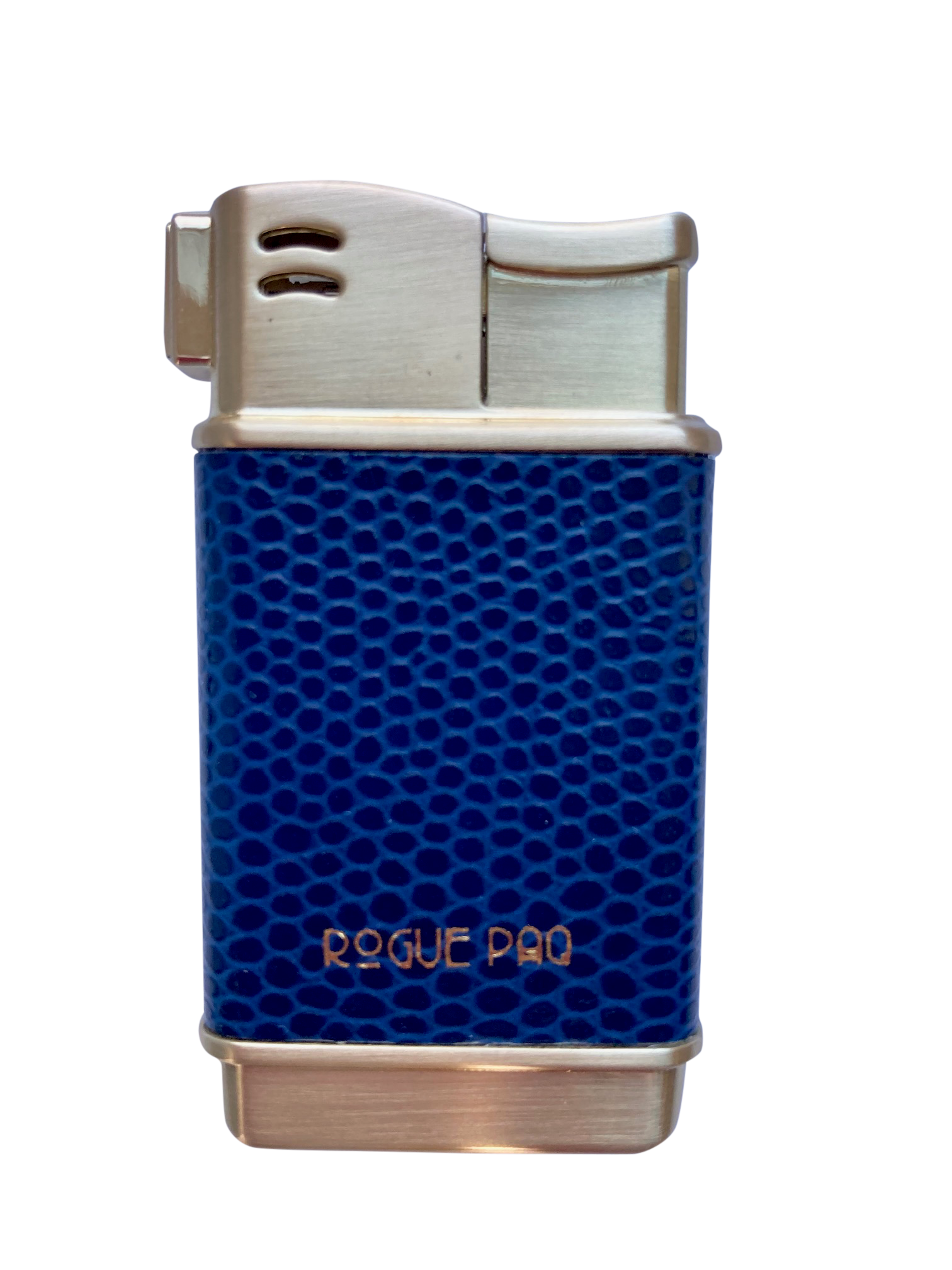A Marine navy blue refillable lighter. The deep blue vegan lizard-skin texture is stamped with a subtle gold foil Rogue Paq logo, emphasizing the commitment to premium materials and craft. This luxury cannabis accessory is both subtle and chic.