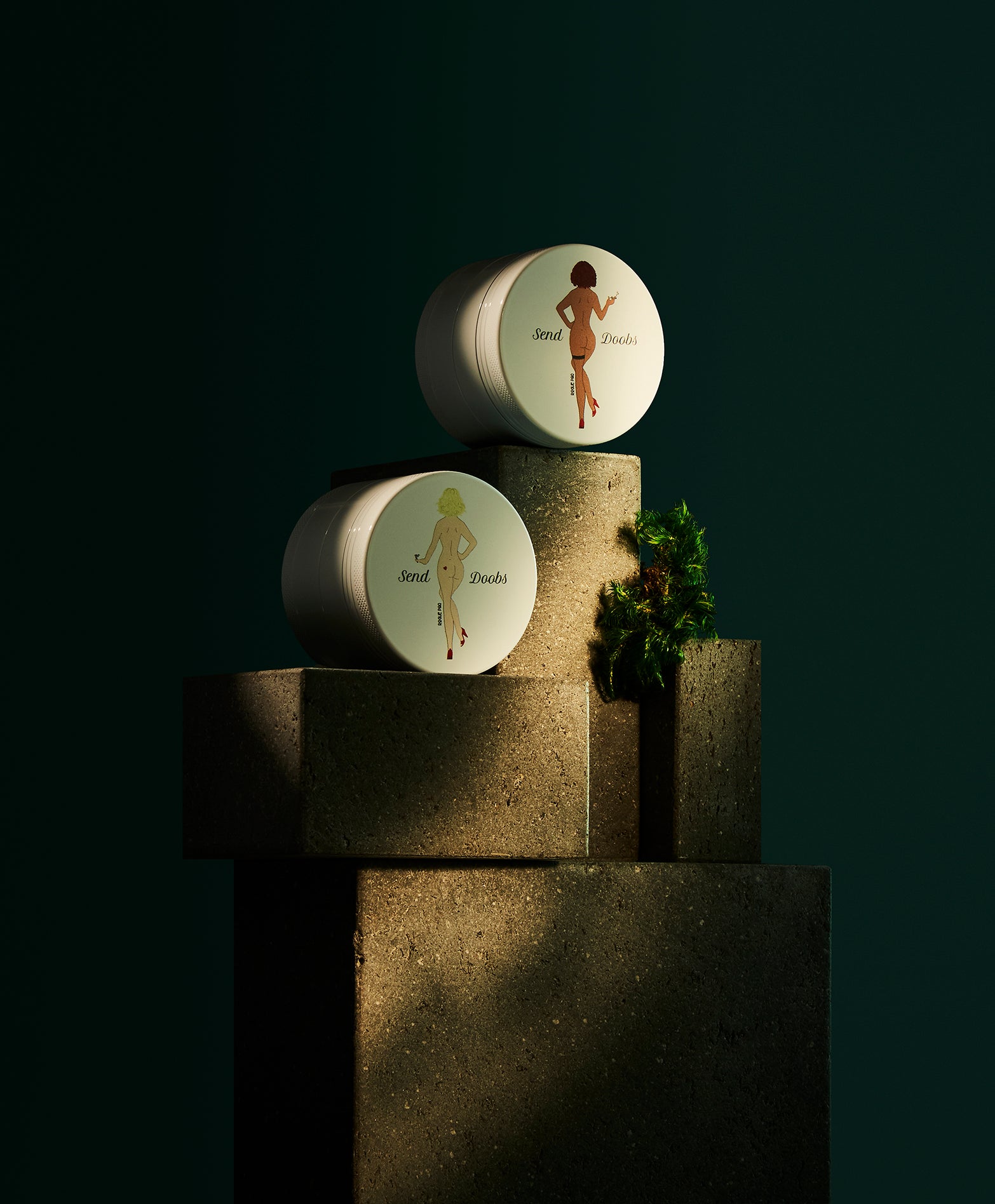 White ceramic-coated 4-piece herb grinder with vintage-style pin-up illustration; 100% food-safe anodized aluminum construction for a smooth, friction-free grind