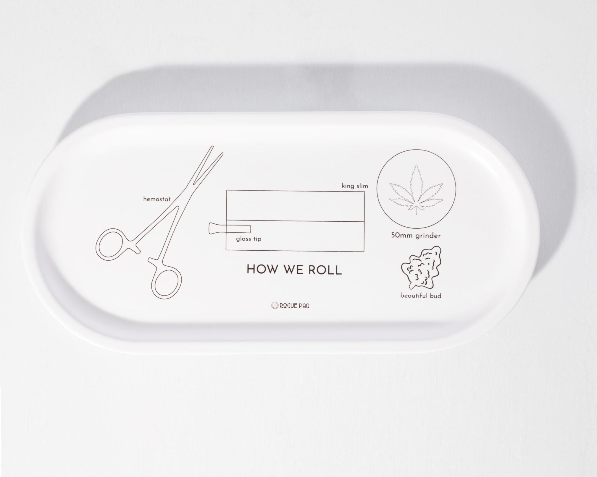 Close-up detail of the 'How We Roll' tray illustrations showing step-by-step hand movements for rolling a joint; black line art on white porcelain.