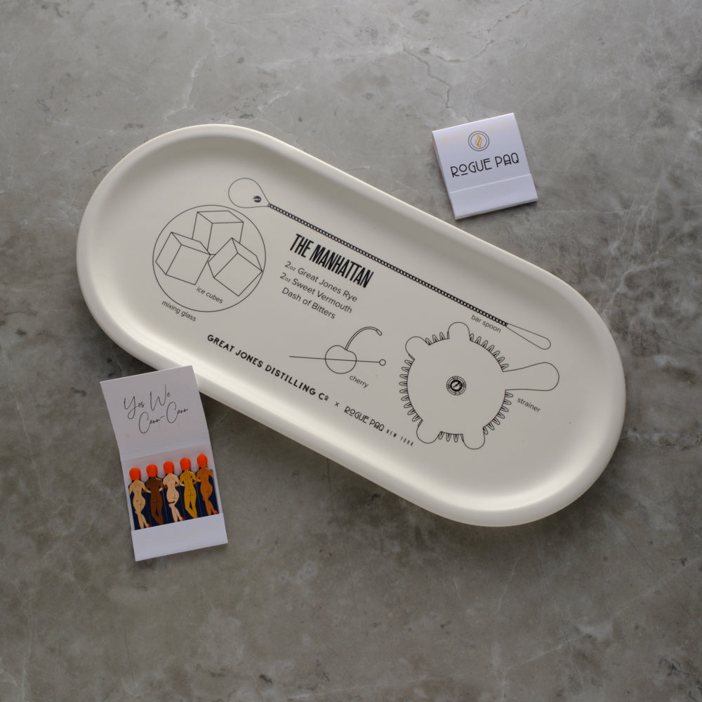 Beautiful porcelain valet tray created to display how to make a perfect Manhattan cocktail. Styled with matches.