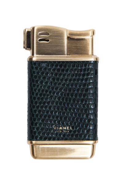Rogue Paq x Vianel refillable butane lighter in chic black. This forever lighter features a gold-tone finish and high-quality skin, bringing an understated and chic aesthetic to the cannabis ritual.